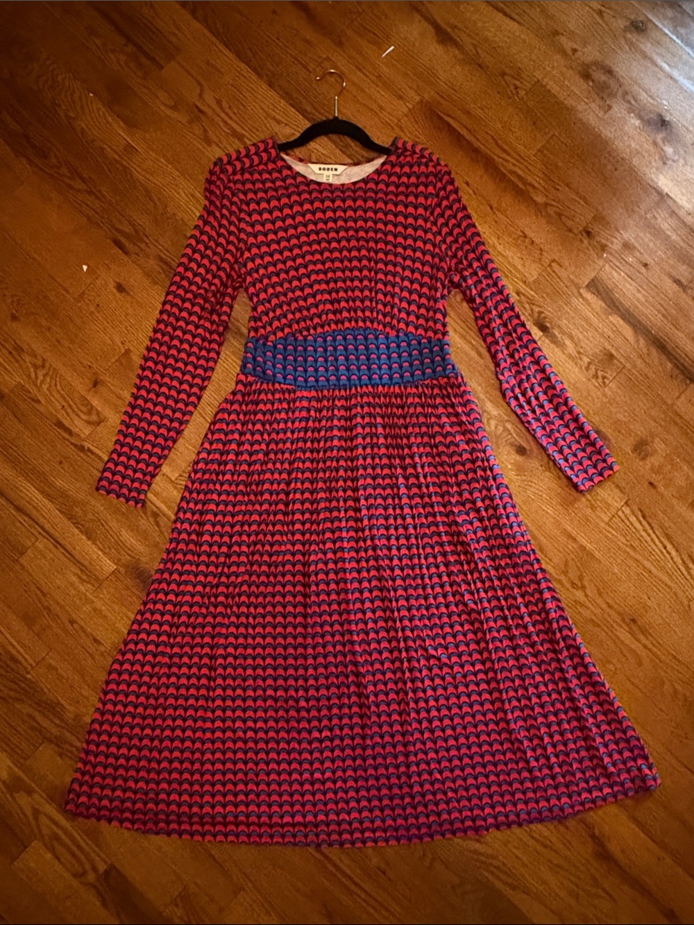 Boden Thea Jersey Red & Blue Long Sleeve Midi Dress